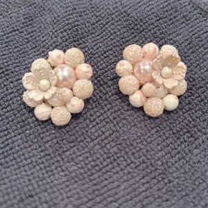 Vintage marked Japan clip on earrings soft pink with unique beads 1”